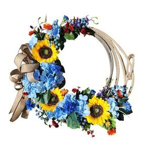 Handcrafted Sunflower & Hydrangea Floral Wreath With Burlap Bow For Home Wall or